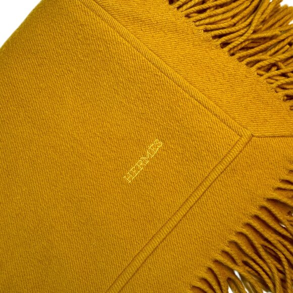 Hermes Square Fringed Ochre Wool Lap Blanket - Picture 5 of 6